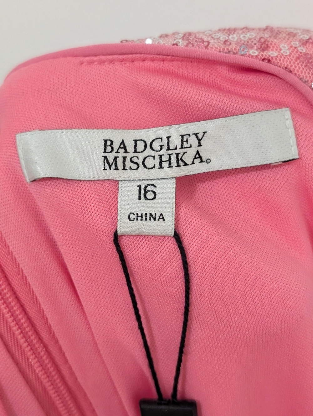 Badgley Mischka Light Pink Sequin Square Neck Ruched Cocktail Midi Dress 16 NWT - Picture 12 of 13